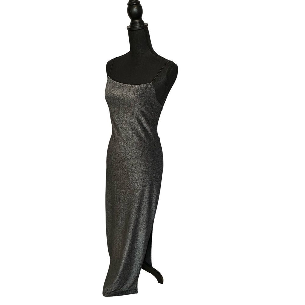 a fortiori Shiny Dark Gray Black Silver Metallic Maxi Bodycon Dress Sz Medium